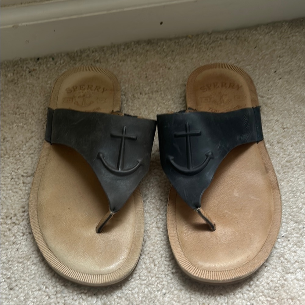 Sperry “Seaport “ Black and Tan Anchor Sandals Sz 6